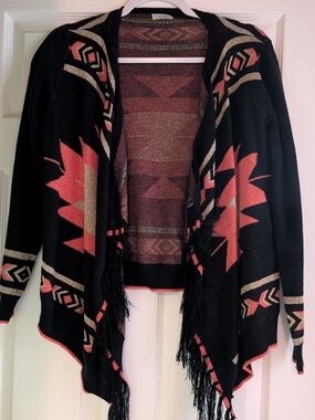 Tobi Black and Coral Open-Front Fringe Cardigan with Aztec Pattern